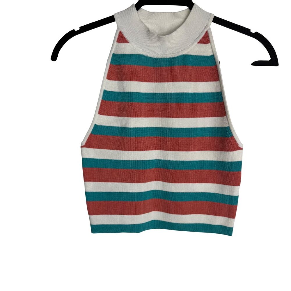 Babaton Womens Size Medium Horizontal Striped Sleeveless Mock Neck Knit Crop Top